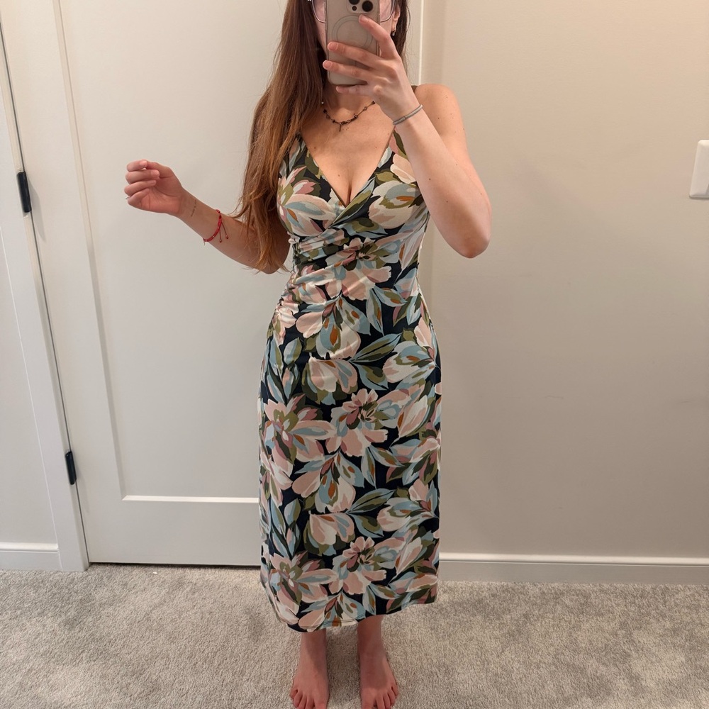 Joie Black Floral Midi Slip Dress with Pink and Cream Blooms
